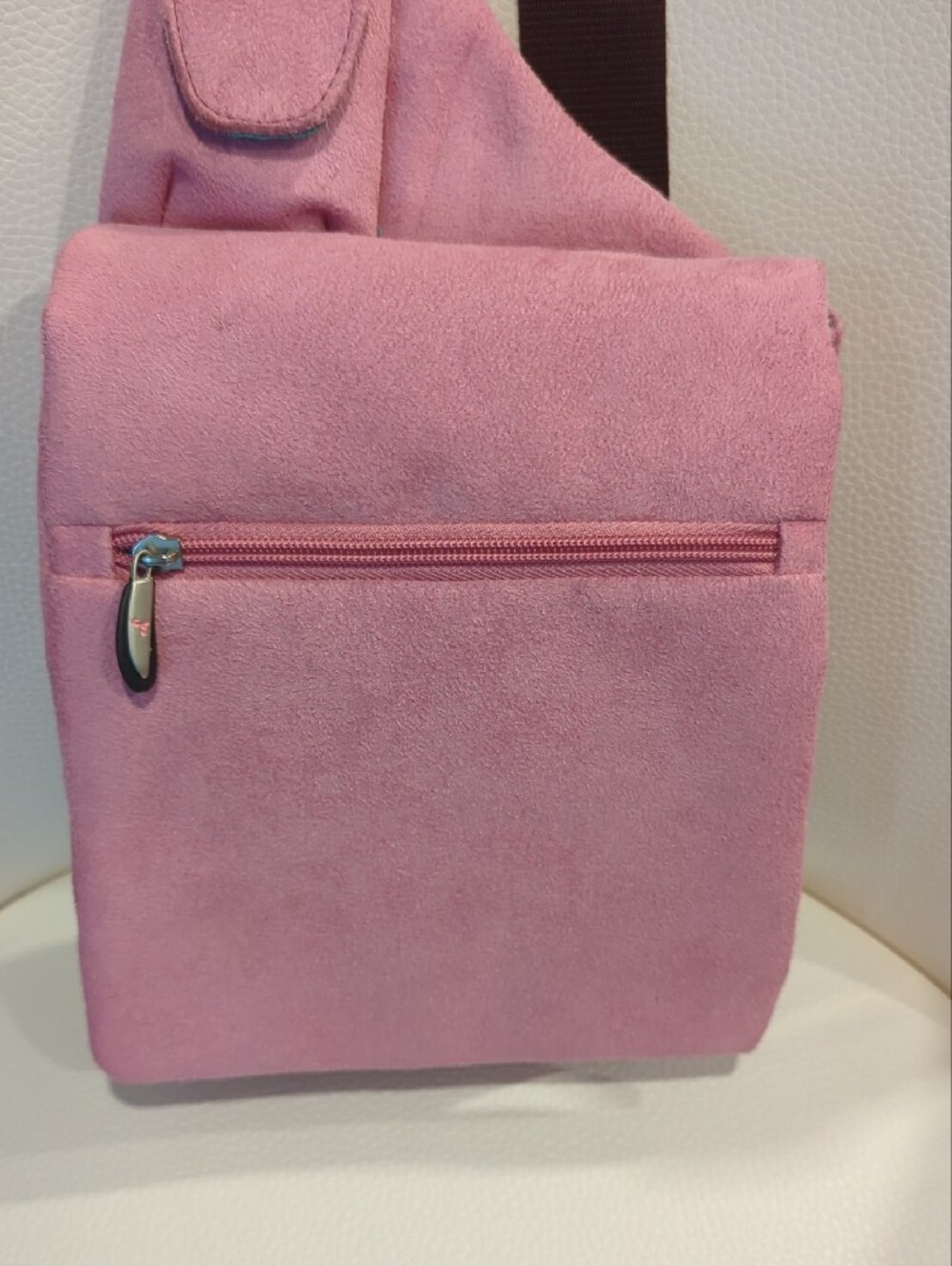 Travelon Pink Suede Crossbody Sling with Brown Strap - Picture 2 of 9